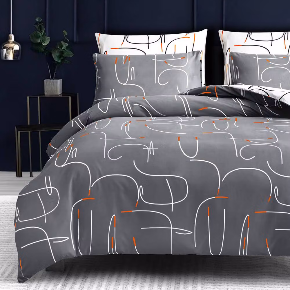 Pamposh Reversible Hypoallergenic Microfibre Duvet Cover and Pillowcase Set in Grey, White and Orange, W: 200 cm x L: 200 cm – 2