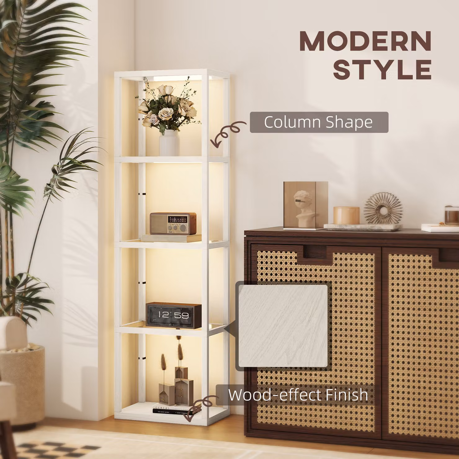 HOMCOM Dimmable LED Floor Lamp with 4 Glass Shelves in White and Wood Finish – 4