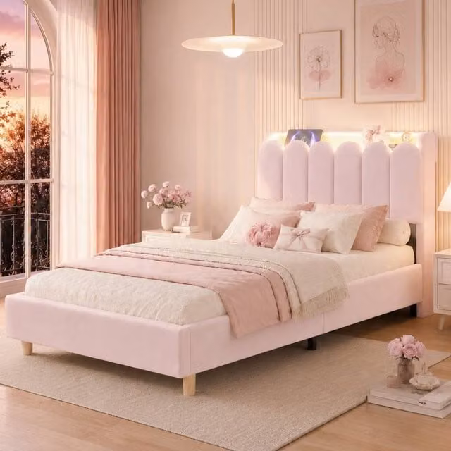 ModernLuxe Kids Upholstered Velvet Single Bed in Light Pink with Storage Headboard, Reading Light and USB Charging Port, 90 x 190 cm – 1