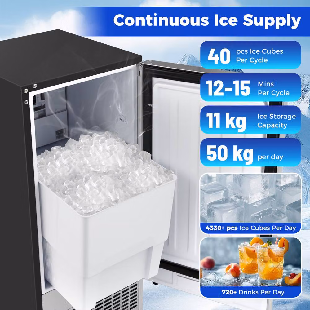 Costway Commercial Ice Maker with Self-cleaning Function, 50kg/24h Capacity, Silver Stainless Steel – 9