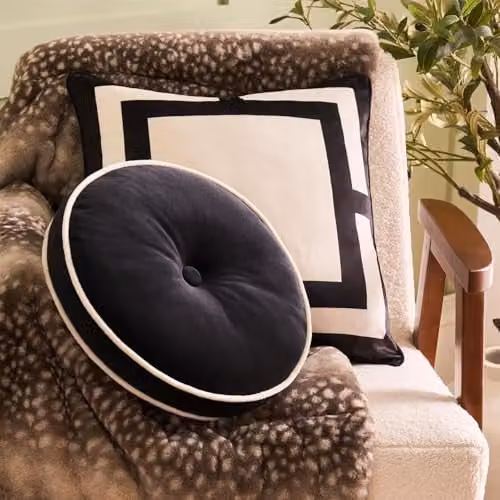 OHS Round Velvet Throw Pillow in Black and White, Diameter: 30 cm