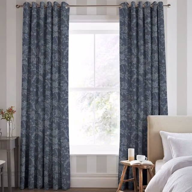Laura Ashley Lloyd Made to Measure Blackout Cotton Fabric Panel Curtains in Midnight Navy Floral Design