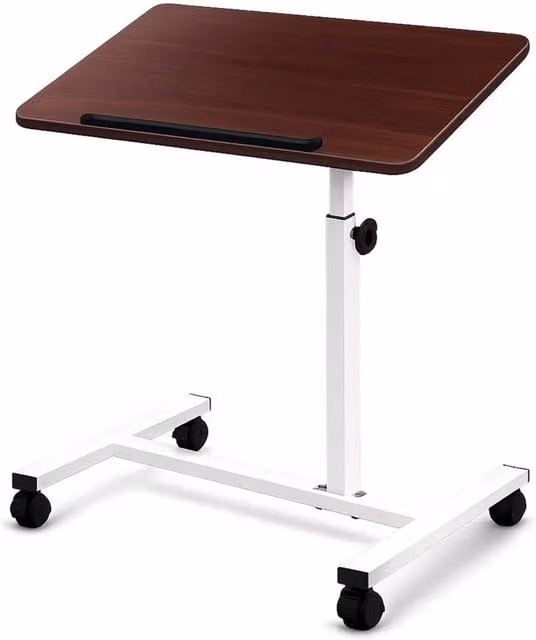 FORGEVIO Height Adjustable Laptop Desk with Brown MDF Laminate Top and White Metal Frame