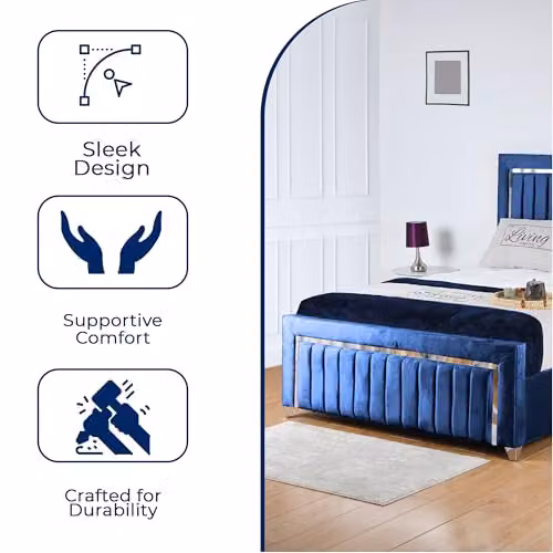 Living Comfort Bedz Zurich Plush Velvet Super King Bed in Blue with Silver Trim and Vertical Lined Headboard and Footboard, W/D/H: 200 x 190 x 122 cm – 3