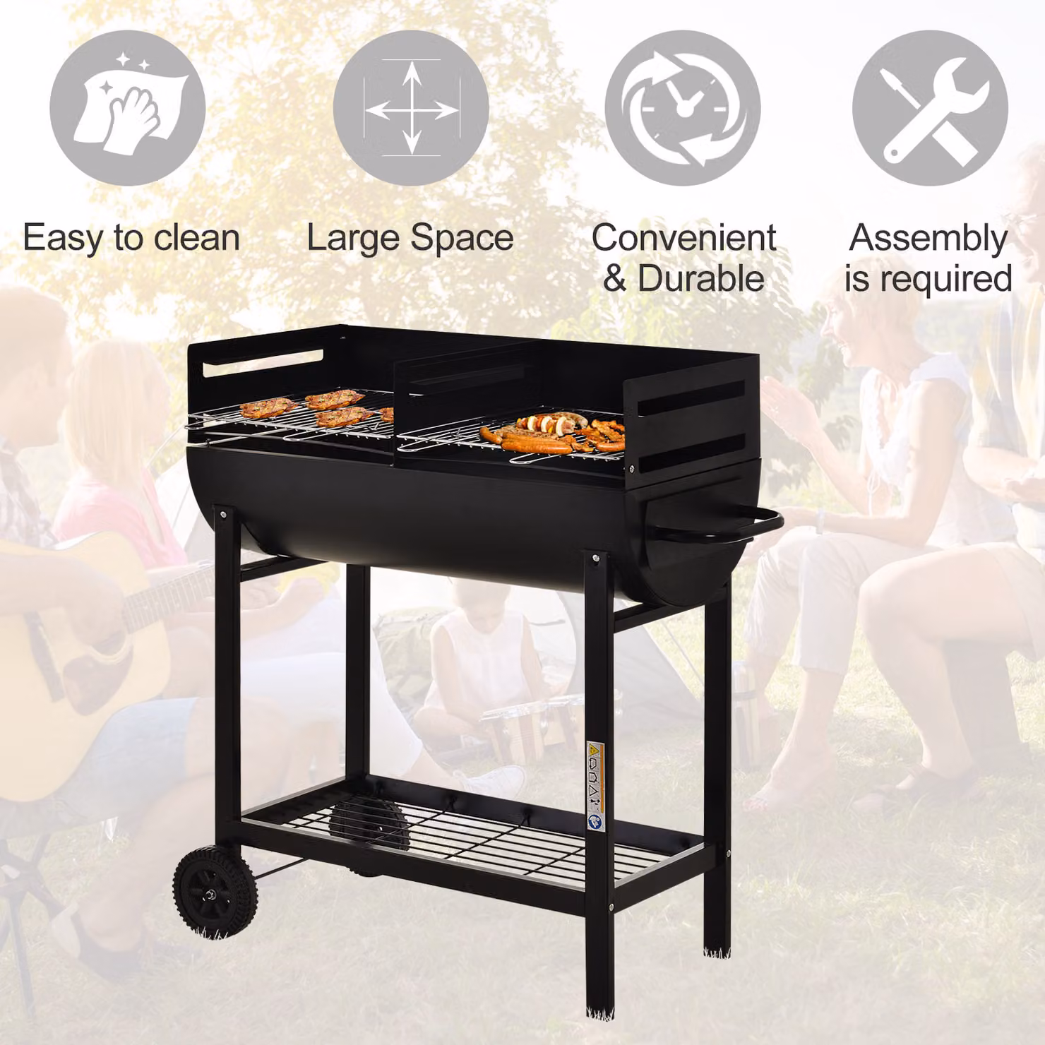 Outsunny Charcoal Barbecue Grill Trolley in Black with Dual Grill Nets and Wheels, Steel Construction, W/D/H: 96 x 90 x 45 cm – 5