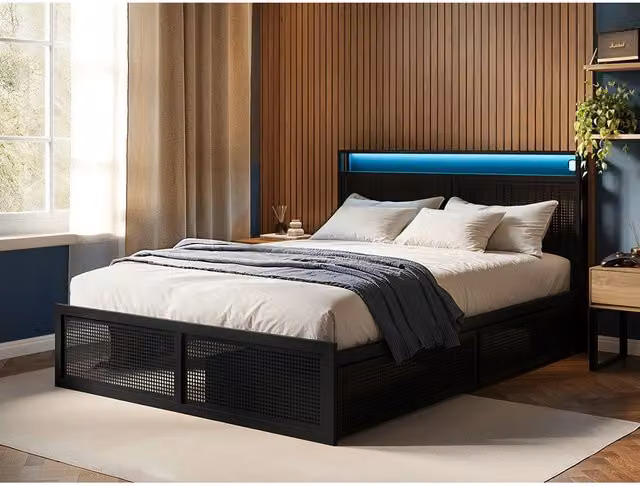 Flair Industrial Metal Bed with Under-Bed LED Lighting and Storage Drawers, Black, 120 x 200 cm