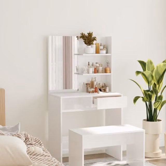 Berkfield Home Dressing Table with Mirror in High Gloss White, W/D/H: 74.5 x 40 x 141 cm