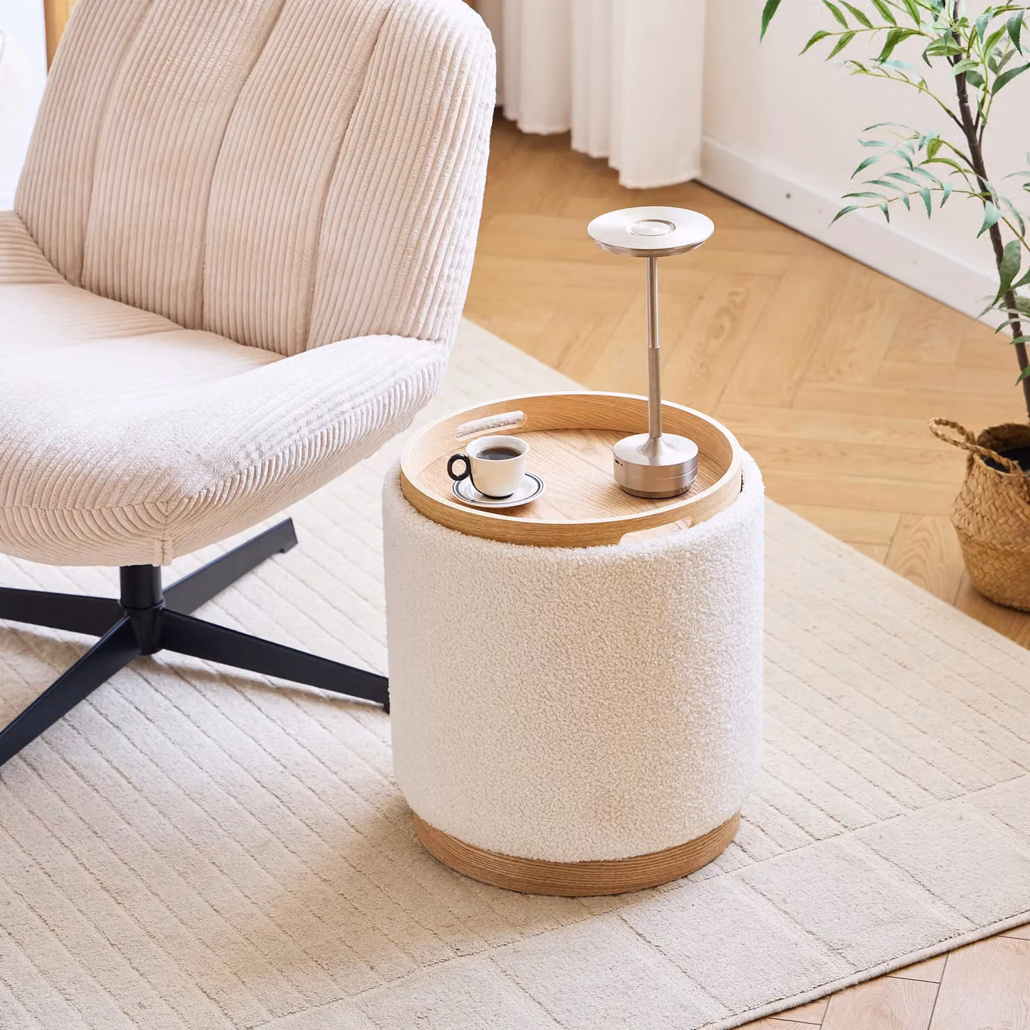 Nordlys Brown Bouclé Storage Pouf with Wooden Base – 1