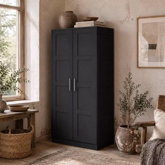 Wyld Haus Corarani Black 2 Door Wardrobe with Soft Close Hinged Doors, Hanging Rod and Internal Shelves, H 180 x W 80 x D 53.5 cm