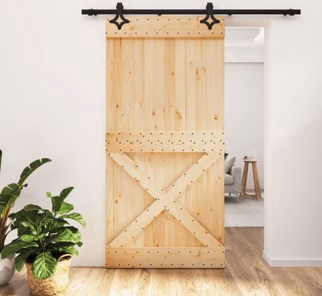 Berkfield Home Rustic Solid Wood Pine Sliding Door with Hardware Set, Brown, W: 100 cm, H: 210 cm – 1