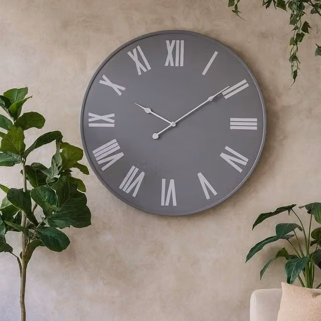 Wyld Haus Grey Round Metal Wall Clock with White Minimalist Design, Diameter: 50 cm