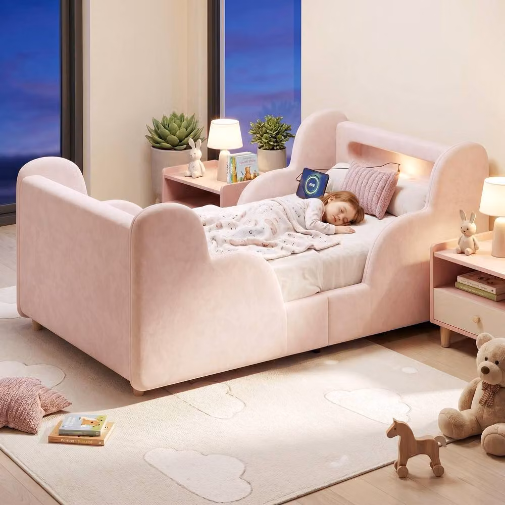 Rolipo Pink Velvet Toddler Bed with LED Light and USB Charging Port, W/D/H: 90 x 190 cm – 2
