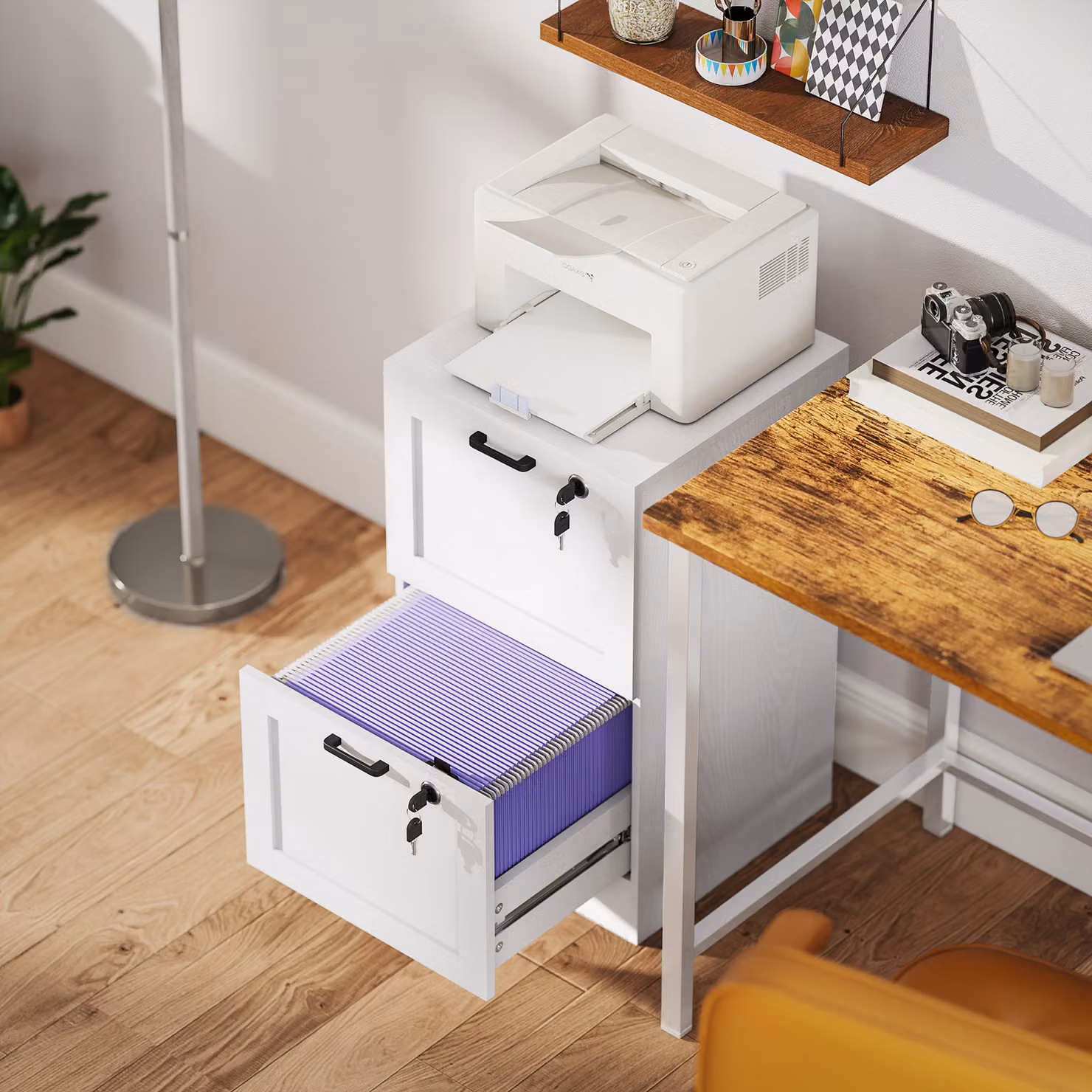 HOMCOM Modern 2-Drawer Filing Cabinet with Lock in White Matt – 4