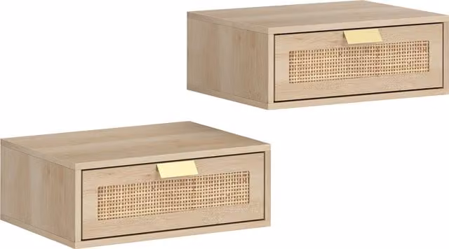 HOMCOM Set of 2 Wall Mounted Floating Bedside Tables with Rattan Drawer in Oak Wood Effect