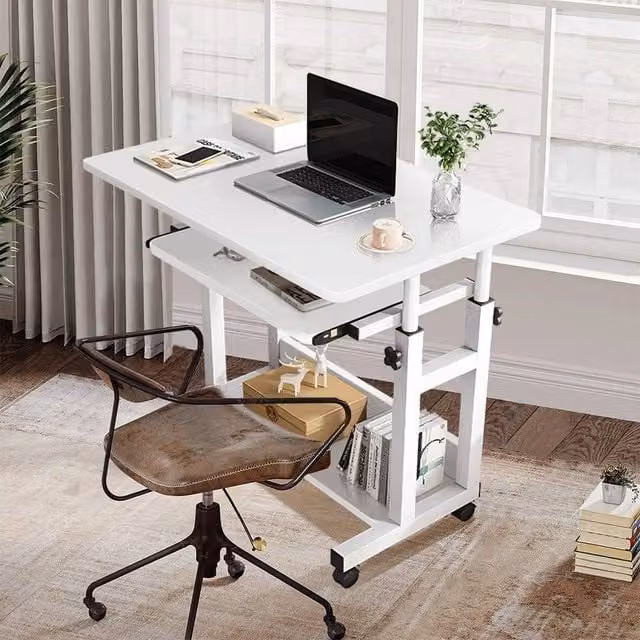 Kelvenix Height Adjustable White Rolling Computer Desk with Castors