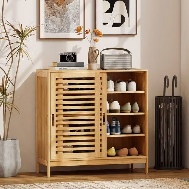 HOMCOM Bamboo Shoe Cabinet with 2 Sliding Slat Doors in Natural Beige