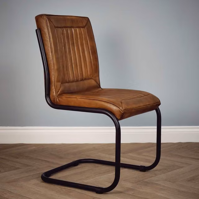Elm Home And Garden Classic Brown Leather Dining Chair with Metal Frame