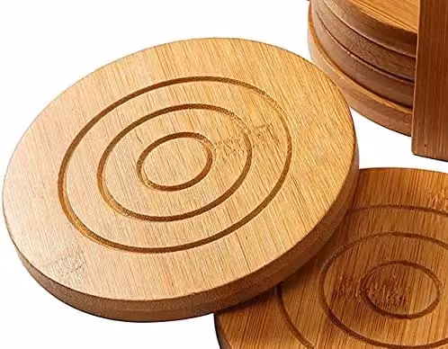 MantraRaj Set of 6 Round Handmade Bamboo Wood Drink Coasters with Holder in Brown – 5