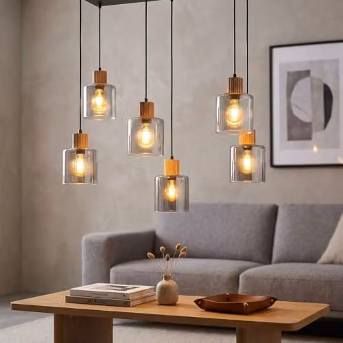 Netlighting Aleidis Rectangular Pendant Lamp with Smoked Glass and Wood, 6-Bulb, W/D/H: 67 x 33 x 120 cm – 3