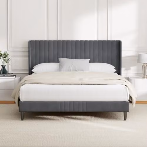 MCC Direct Charlie Velvet Upholstered Double Bed Frame in Grey, W/D/H: 140 x 200 cm