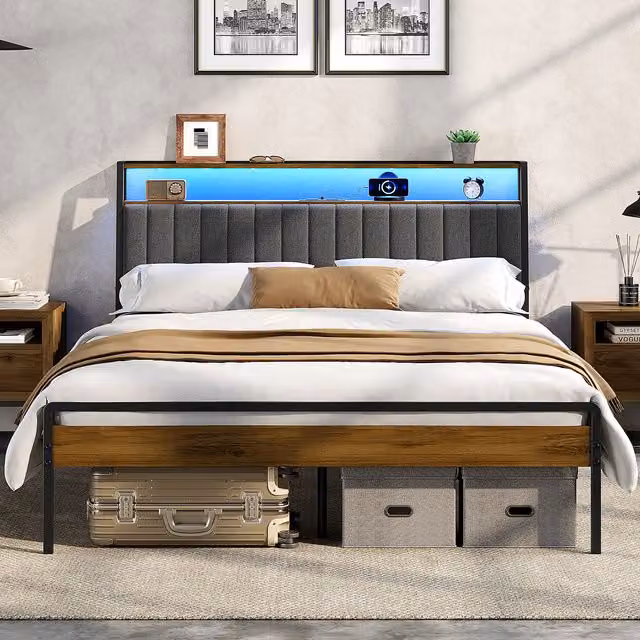 Yaheetech King Size Upholstered Bed Frame with USB Charging Ports, Under-Bed Lighting and Side Storage Compartments in Brown and Grey