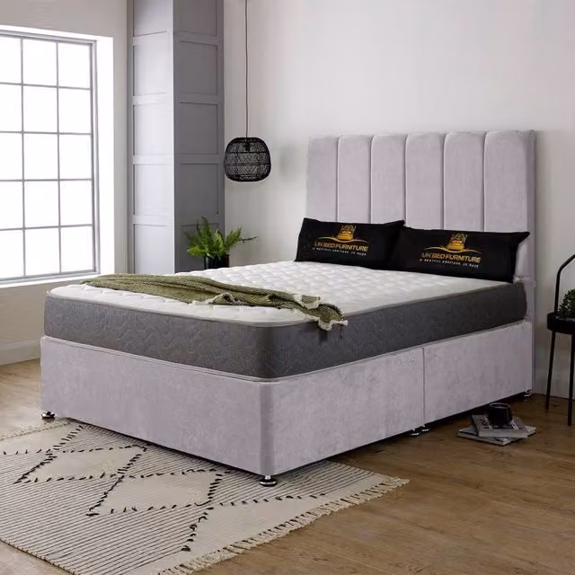 UK Bed Furniture Savannah Super King Divan Bed in Silver with 2 Drawers on Same Side and 26 Inch Headboard, W: 200 cm, D: 200 cm, H: 66.04 cm