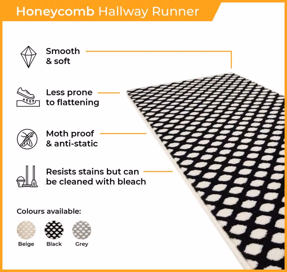runrug Honeycomb Hallway Carpet Runner Rug in Beige, W: 60 cm, L: 420 cm – 2