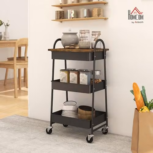 HOMCOM 3-Tier Freestanding Storage Trolley with Covered Top Board in Rustic Brown and Black, W: 32.0 cm, D: 45.0 cm, H: 77.5 cm – 2