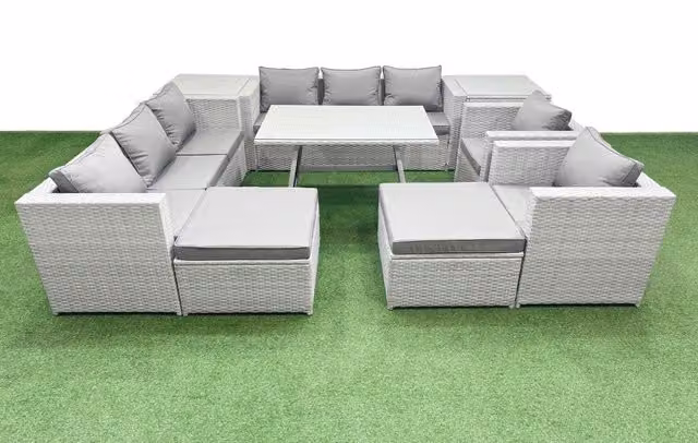 Fimous 10 Seater Modern Garden Furniture Set in Light Grey with 2 Large Stools and 2 Side Tables
