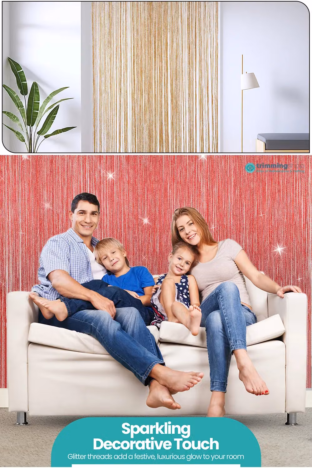 Neel Blue Glitter Polyester String Curtain with Red Spaghetti Tassel Fringe, W: 90 cm, H: 200 cm – 3