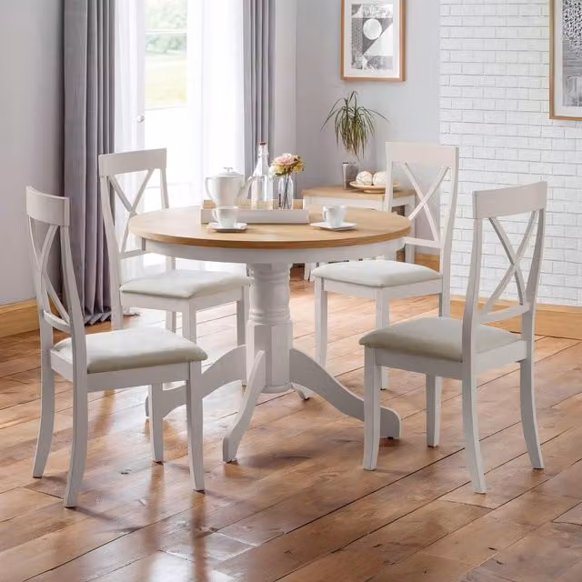 Julian Bowen Classic Round Oak and Rubberwood Dining Table and Chairs Set in Grey and White