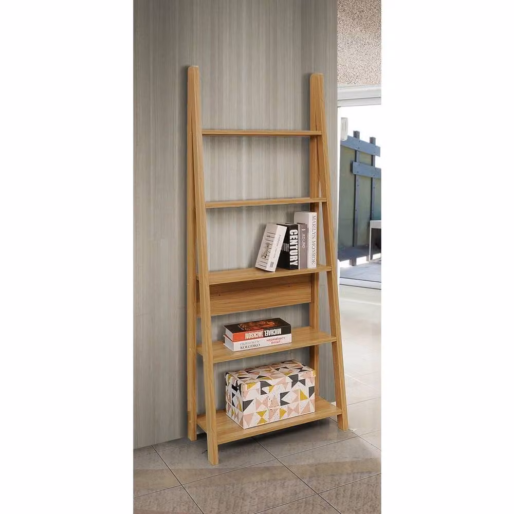 Timber Art Design Riva Retro 5 Tier Ladder Bookcase Display Shelf Unit in Light Oak, H 175.4 x W 64.0 x D 36.7 cm – 2