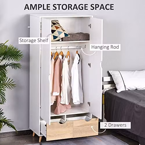 HOMCOM 2-Door White Wardrobe with Hanging Rail, Internal Shelves and 2 Drawers, H 180 x W 80 x D 40 cm – 3