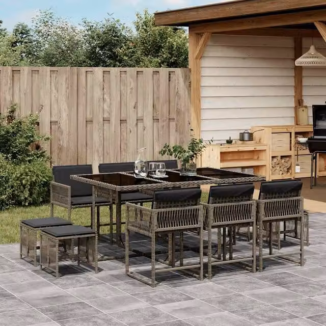Berkfield Home 11 Piece Grey Poly Rattan Extendable Garden Dining Set with Glass Table and Cushions – 1