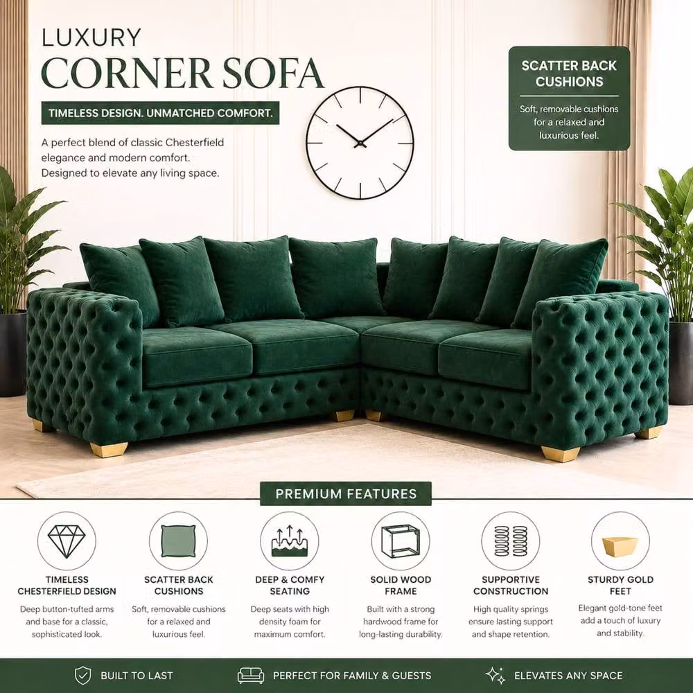 Stratus Interiors Ashley Chesterfield Fabric and Velvet 2 and 3 Seater Sofa Set in Green – 3