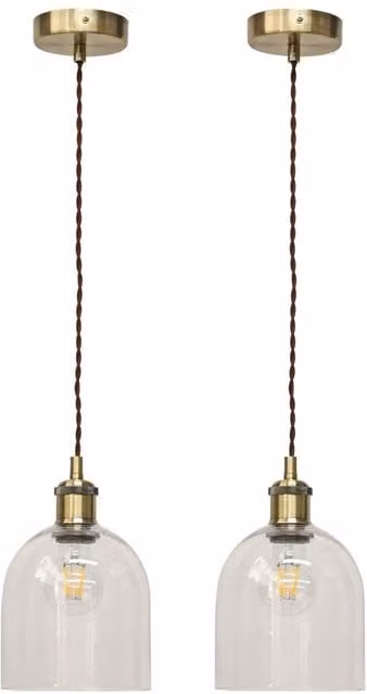 First Choice Lighting Belten Set of 2 Retro Pendant Lights with Transparent Glass Cloche and Antique Brass Finish – 1