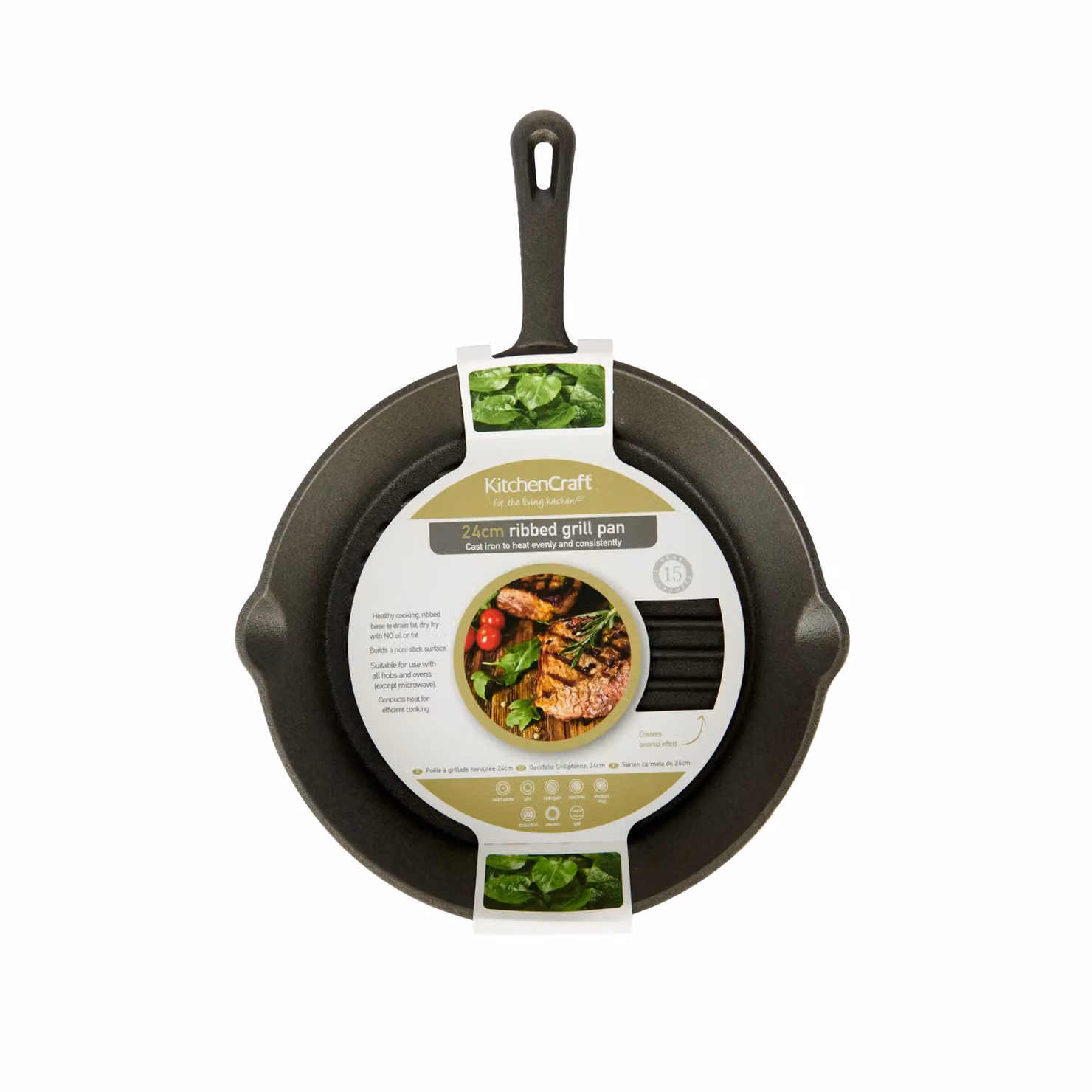 KitchenCraft Deluxe Uncoated Cast Iron Round Ribbed Grill Pan, 24cm, Black – 3