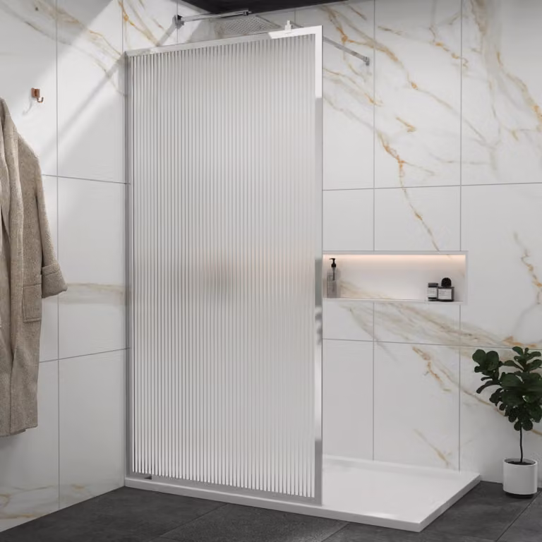 Luxor Walk-In Wet Room Fluted Shower Screen with Chrome Frame, 8mm Easy Clean Transparent Glass, W: 80 cm, H: 195 cm