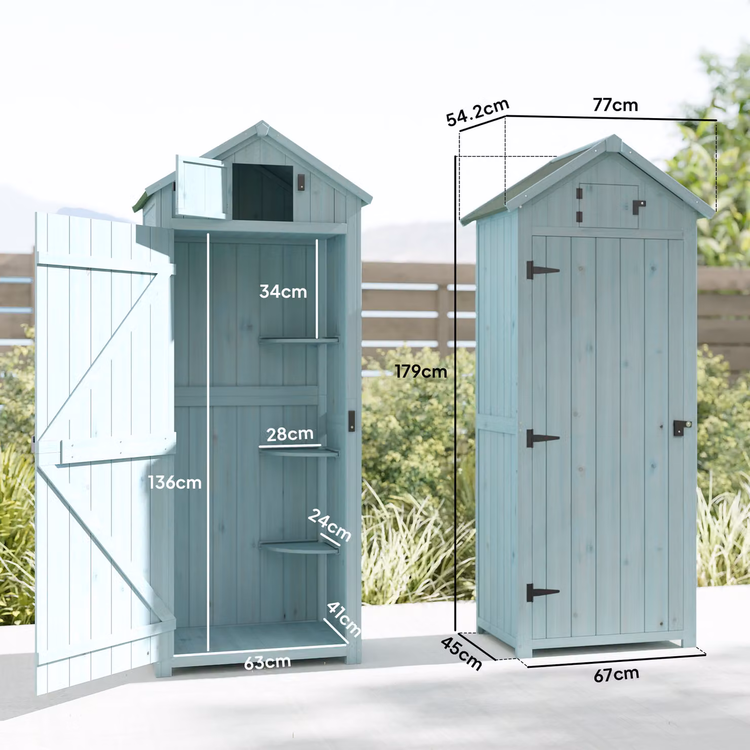 Outsunny Vertical Wooden Garden Storage Shed with 3 Shelves and Hinged Doors, Blue, W: 77 cm, D: 54.2 cm, H: 179 cm – 3