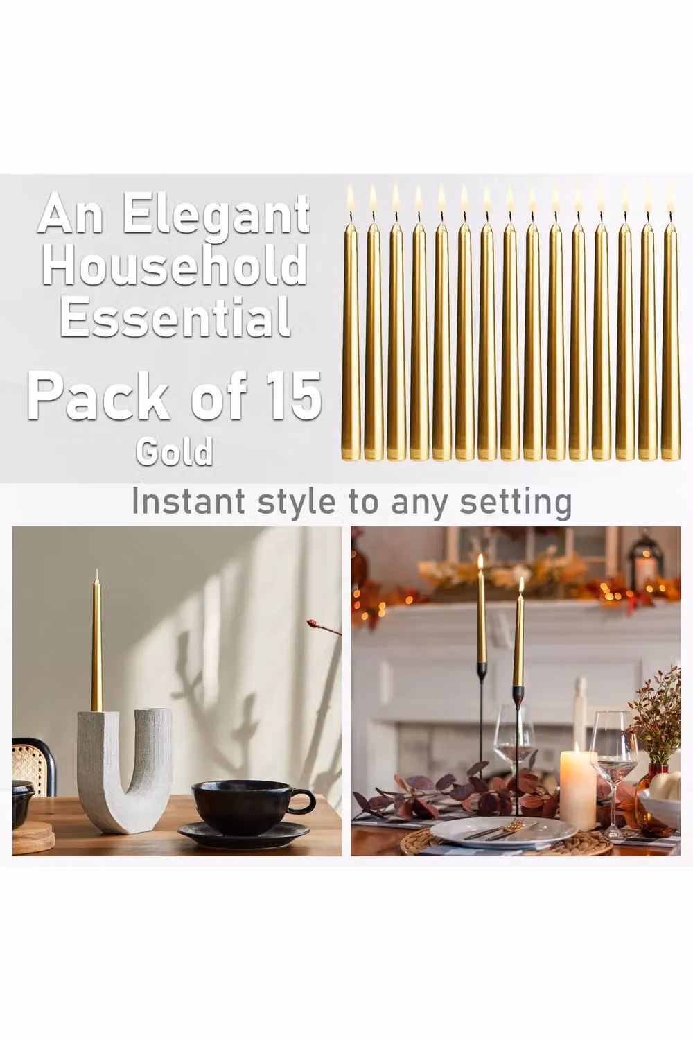 Deco Express Unscented Classic Dripless Tapered Metallic Dinner Candles in Gold, 15 Pack – 3