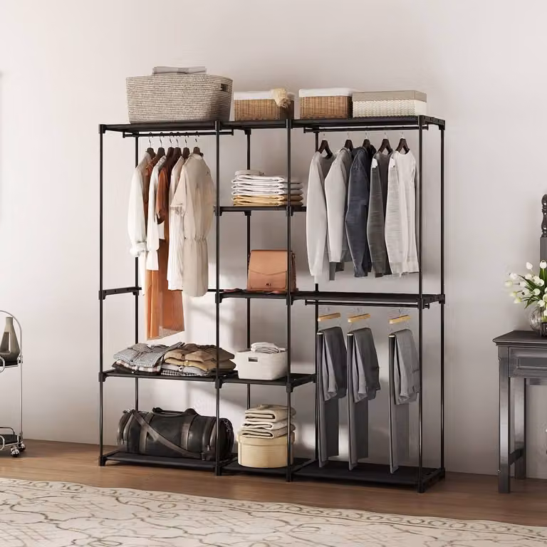 STILVORA Modern Black Open Wardrobe with 8 Internal Shelves and Hanging Rod