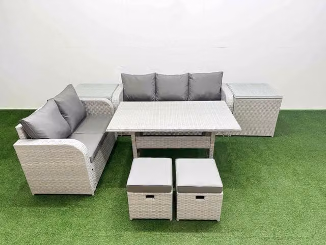 Fimous 7 Seater Grey PE Rattan Wicker Garden Furniture Set with Rectangular Dining Table, 3 Seater Sofa, Love Seat and 2 Stools
