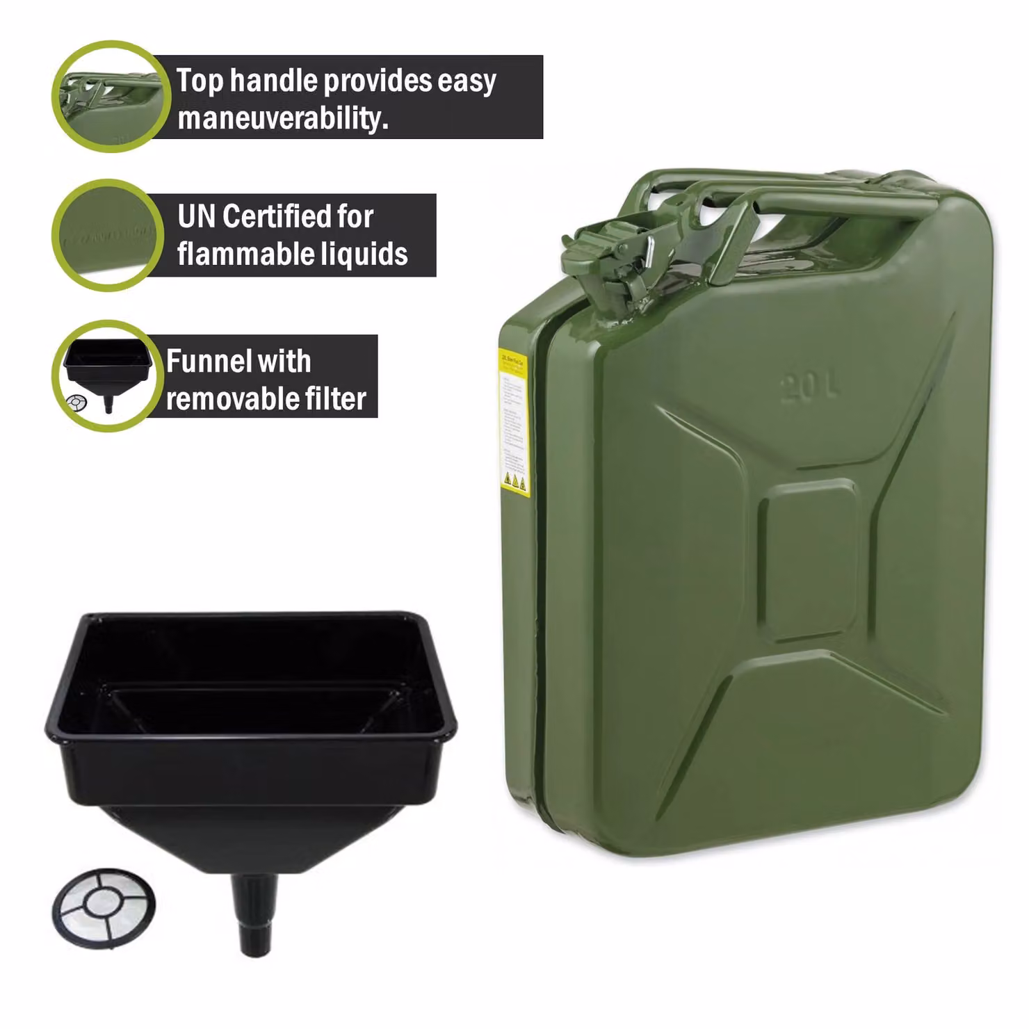 Pegdev 20L Heavy Duty UN Certified Fuel Jerry Can with Funnel in Dark Green – 2