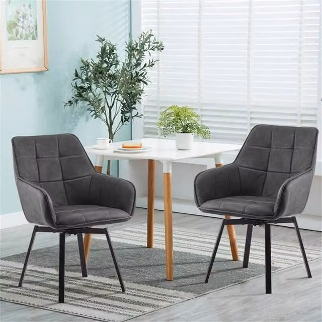 Kelvenix Grey Faux Leather Swivel Dining Chairs with Armrests and Metal Base