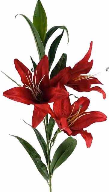 Single Large Red Textile Lily Stem with 3 Flowers and Leaves