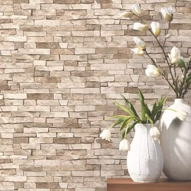 Erismann Abstract Rustic Stone Slate Effect Wallpaper in Beige and Yellow