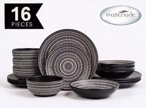 Waterside 16-piece Black and Beige Stoneware Dinner Set with Dinner Plates, Side Plates, Soup Bowls and Deep Bowls – 2