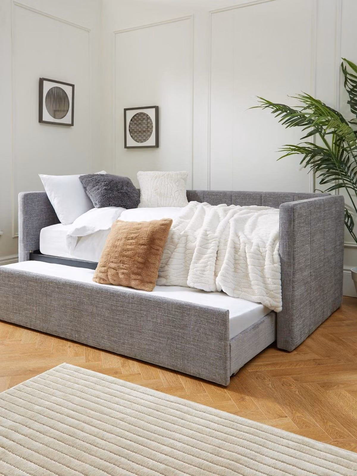 Cheap Furniture Warehouse Newport Modern Day Bed with Trundle in Grey Upholstered Fabric