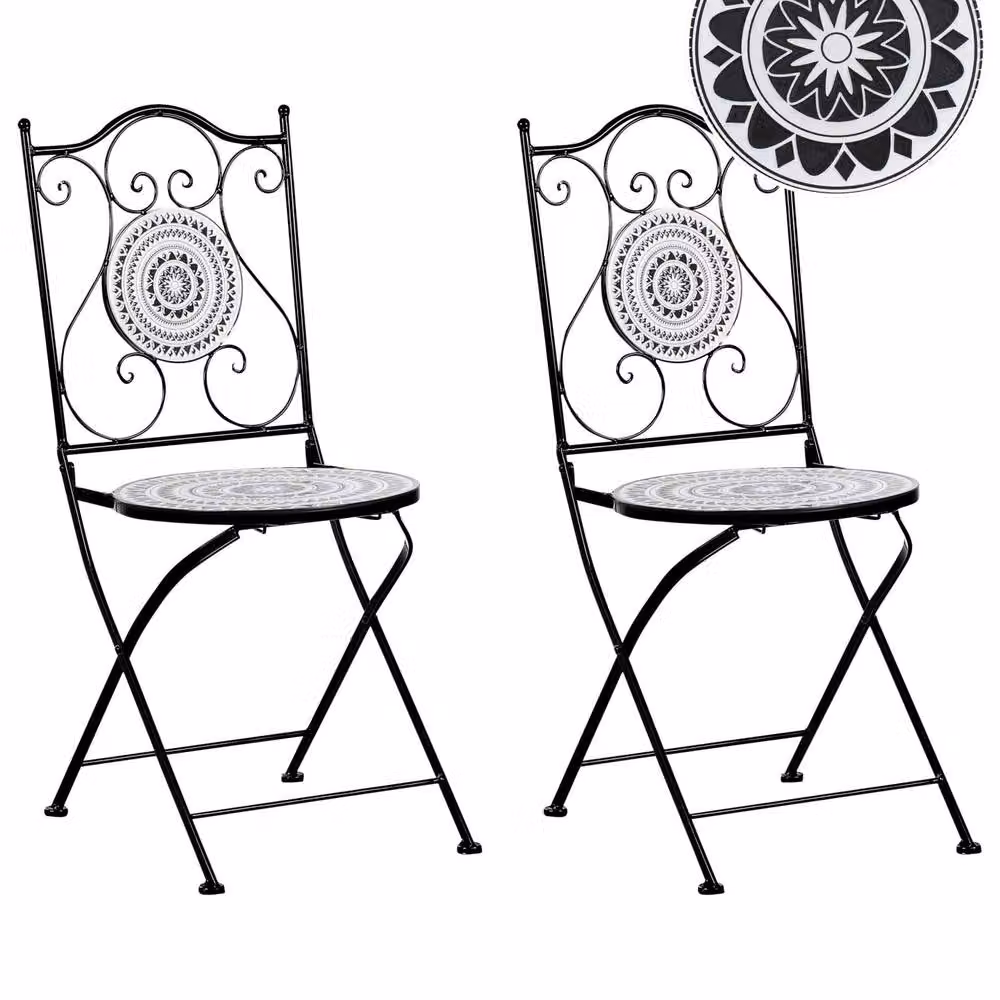 Wyld and Coco Set of 2 Black Iron Folding Chairs with Black and White Geometric Ceramic Tile Seats – 1
