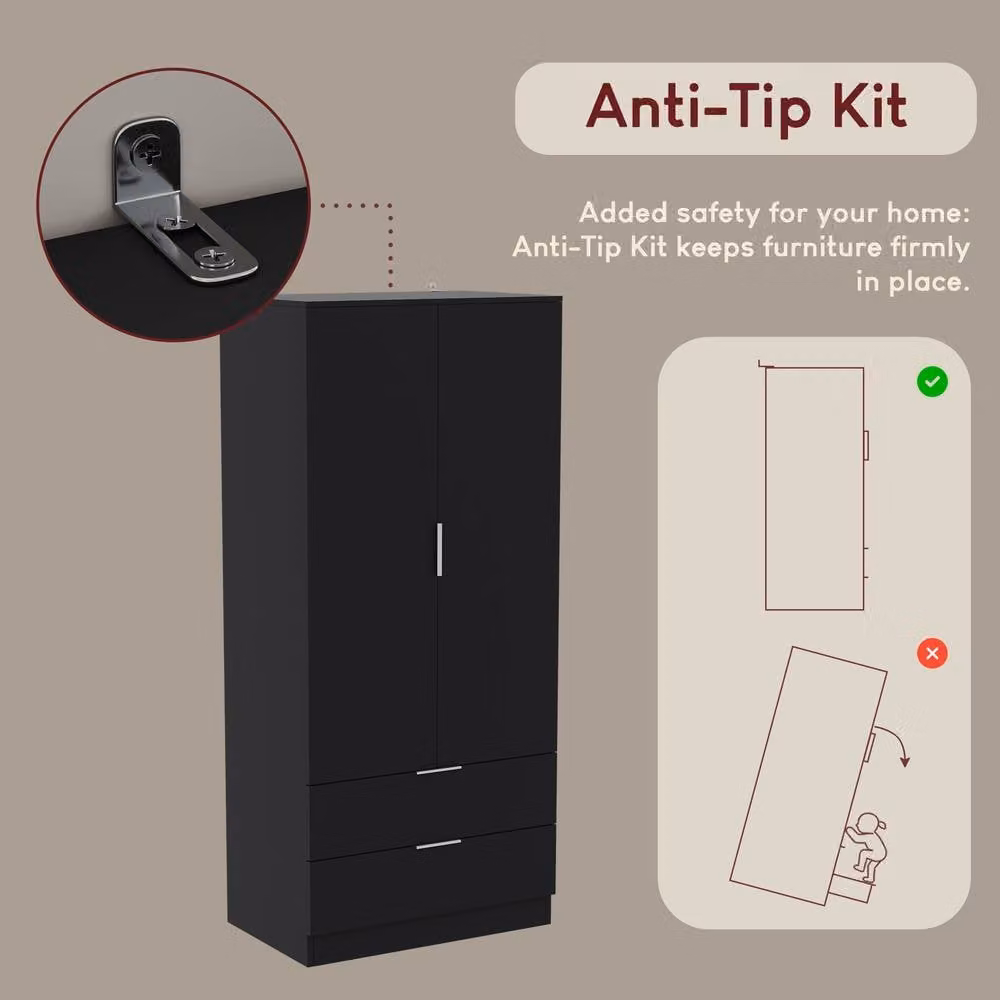 HD Designs Trega Modern 2 Door 2 Drawer Wardrobe in Matt Black with Hanging Rail and Internal Shelves – 4